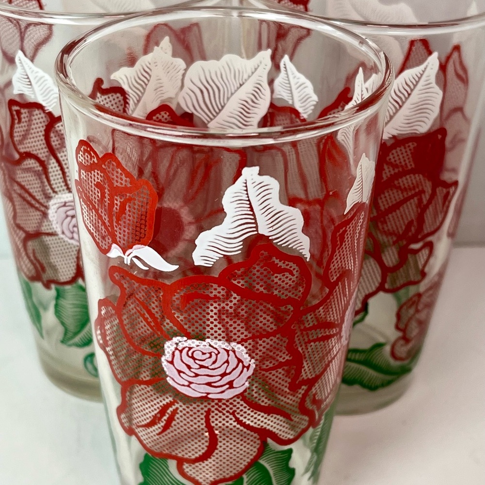 Vintage Glasses W/ Red, Green And White Flowers 5” Tall Christmas Colors